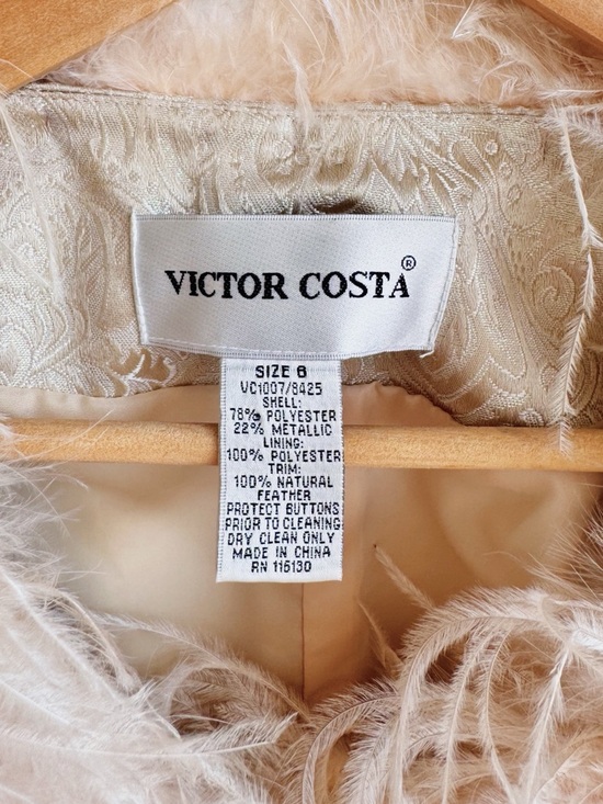 Victor Costa Feather Trim Brocade Jacket Ivory Champagne Embellished Size 8 - Picture 8 of 8